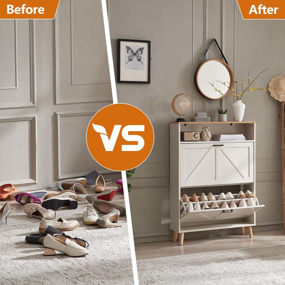 Alaxgumrol Cabinet With 2 Flip Drawers - Farmhouse Slim Storage for Shoes With Door, Freestanding Hidden Organizer, Narrow Rack for Entryway Hallway, White Oak Alaxgumrol