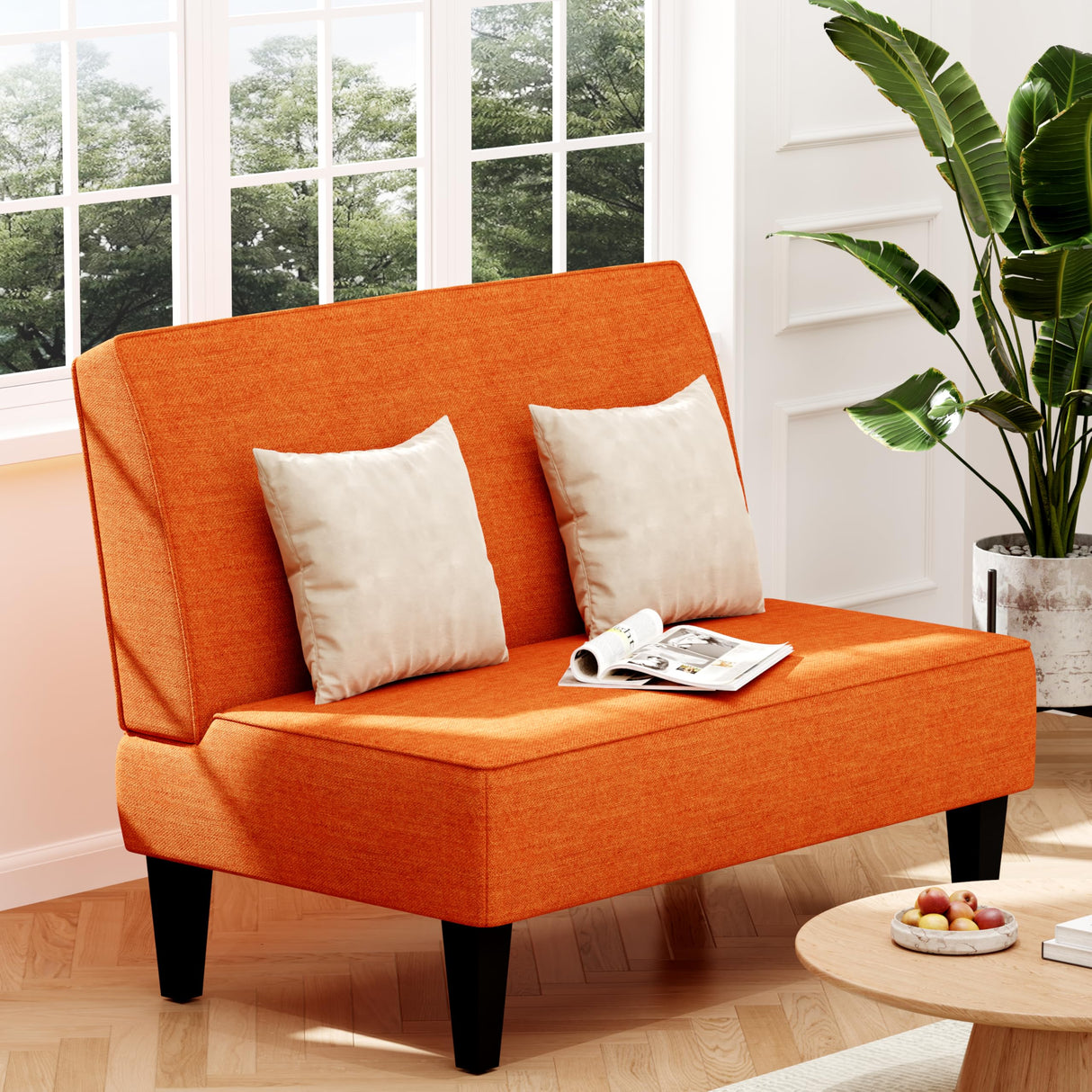 Changjie Furniture Small Loveseat Sofa Upholstered Mini Couch for Small Spaces 2-Seater Sofa Couch with Wooden Legs for Bedroom Living Room (Orange) Changjie Furniture