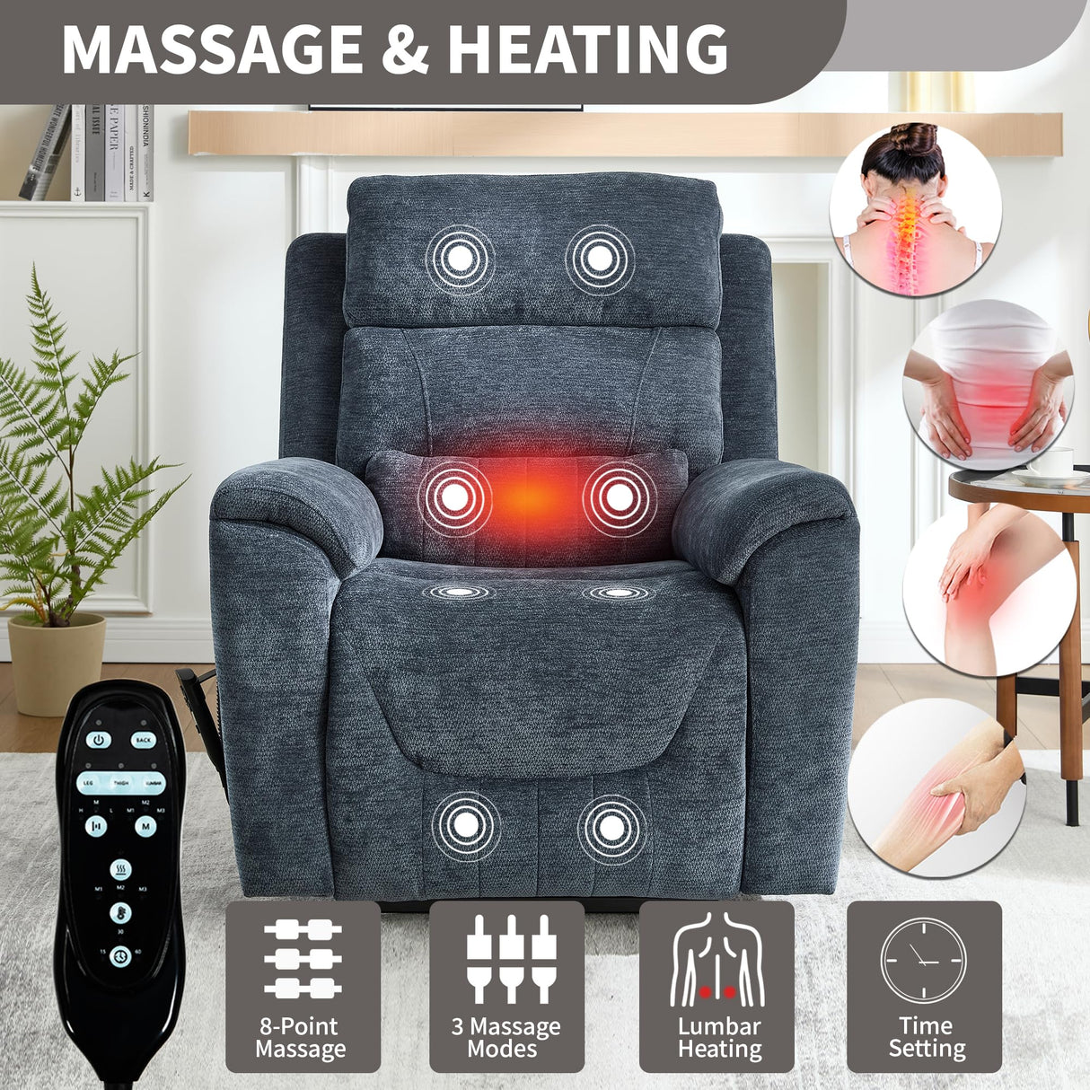 Power Lift Recliner Chair for Elderly People, Dual Motor Lay Flat Recliner with Vibration Massage and Heat, Heavy Duty Motion Mechanism Standing Assistance Reclining Chair, Chenille Fabric Blue Luxlen