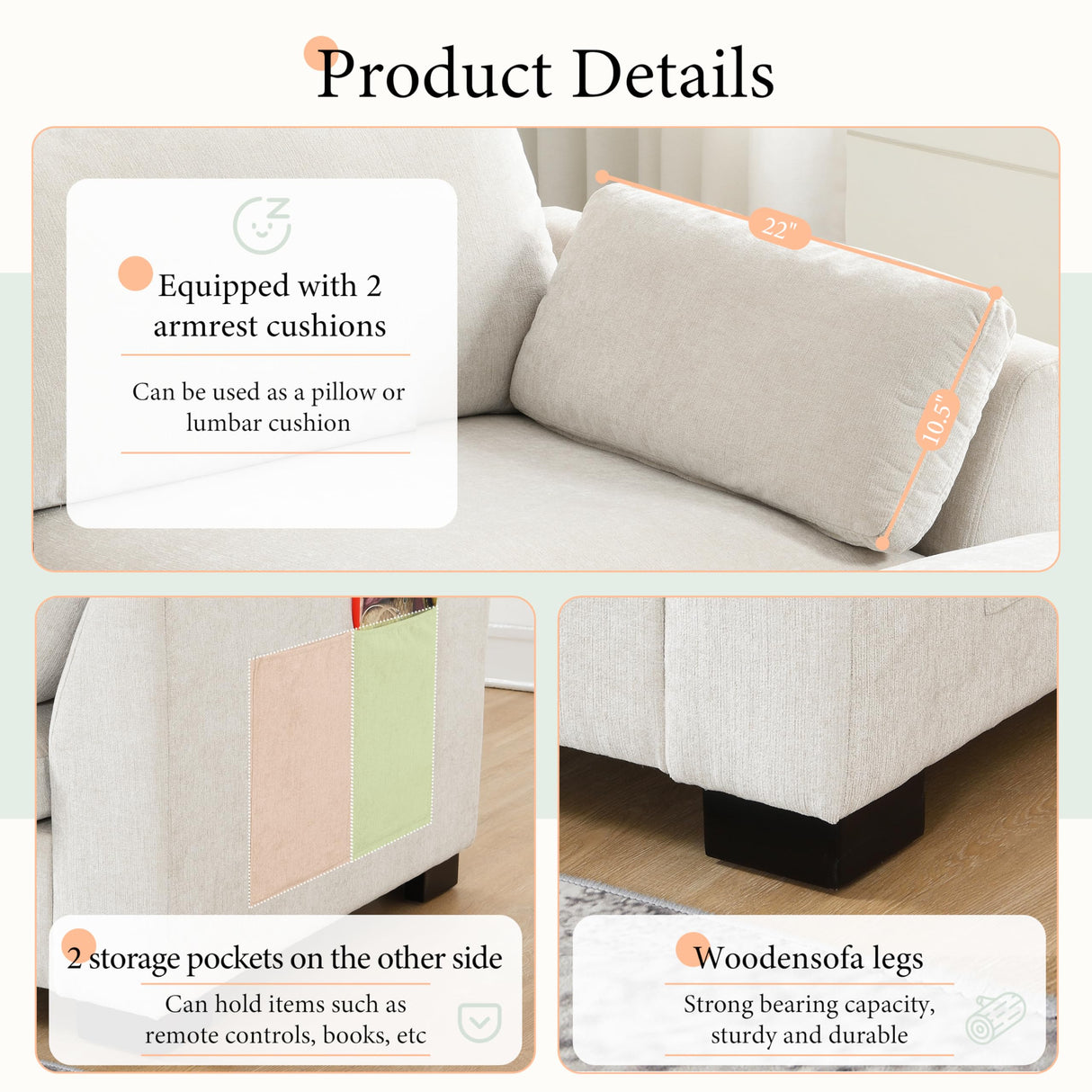 Ball & Cast Oversized Modular L Shaped Sectional Sofa W/Movable Ottoman and USB Ports,5 Seater Chenille Couch W/ 2 Armrest Pillows,Side Pocket & Folding Table,for Living Room,Apartment,Beige,130" Ball & Cast