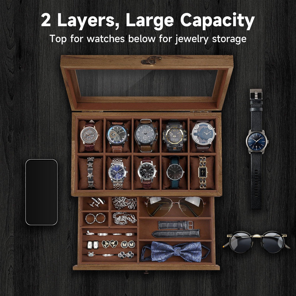 GALHUBIS Watch Box with 10 Slots, 2-Tier Watch Case for Large Dial Watches, Watch Display Case with Lid, Removable Watch Pillows, Gifts for Men Women, Watch Organizer with Drawer, Jewelry Box, Walnut GALHUBIS