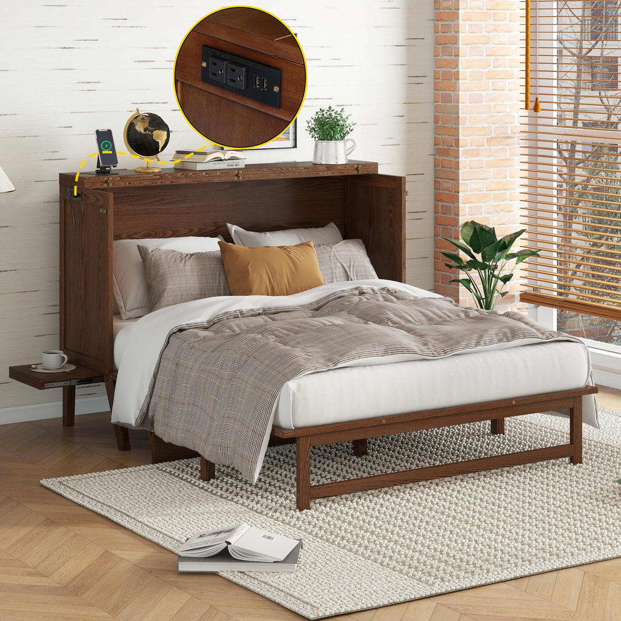 KEIKI Queen Size Cabinet Murphy Bed with Charging Station, Drawer, Removable Shelves, Multiple Storage Foldable Hideaway Wall Murphy Bed Frame, No Box Spring Needed, Easy Assembly, for Bedroom, Walnut KEIKI