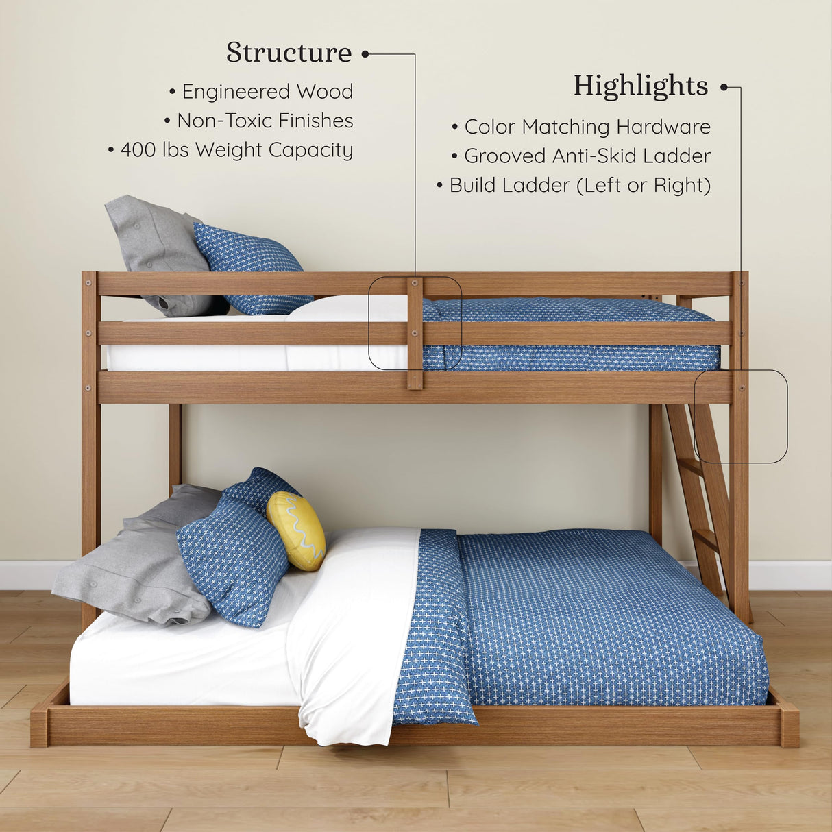 Grain & Grove Bear Twin Over Full Bunk Bed, Low Bunk Bed Frame for Kids, Bunk with Ladder, Guardrail, and Slats, No Box Spring Required, Oak Embossed Pecan Grain & Grove