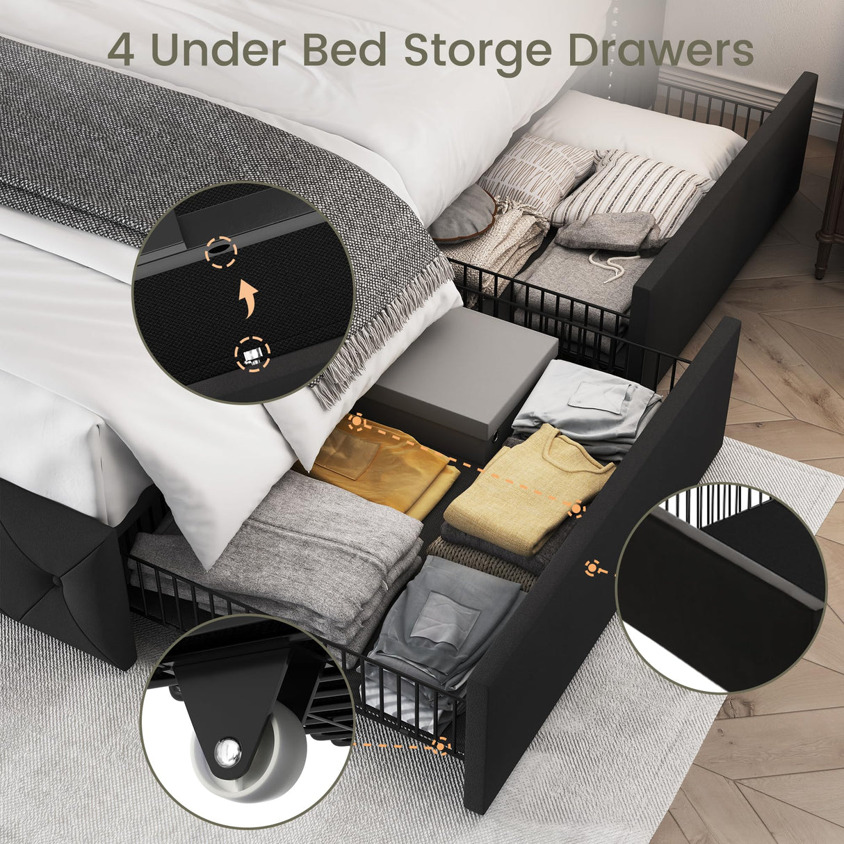 LARMACE Queen Size Bed Frame with 4 Storage Drawers and Wingback Headboard Upholstered Platform Beds Velvet Tufted Bed Frame with Wooden Slats Support, Easy Assembly, Black LARMACE