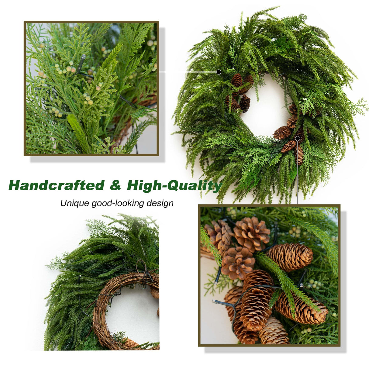 24 Inch Real Touch Norfolk Pine Wreaths for Front Door, Soomeir Artificial Christmas Wreath Green Faux Pine Wreath for Wall Windows Mantle Outdoor Christmas Decoration Soomeir