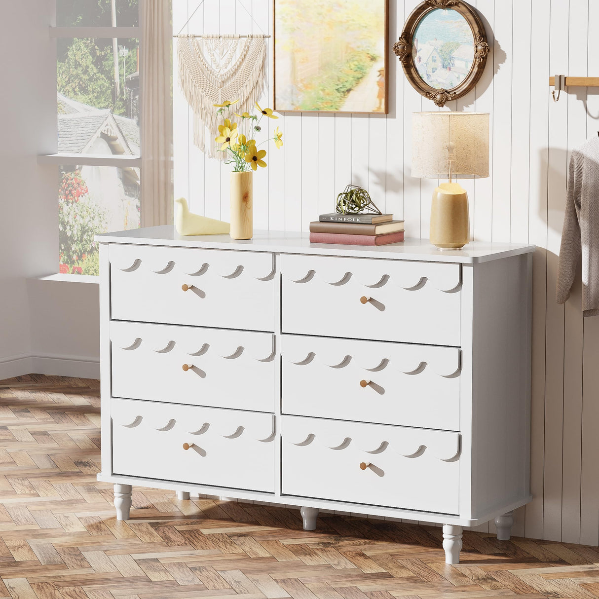 Anbuy 3 Pcs Bedroom Sets, Scalloped 6 Drawer Dresser and Night Stand Sets for Bedroom, Two Drawers Nightstand Set of 2 & 6 Drawer Dresser Combo 3 Pieces (White)
