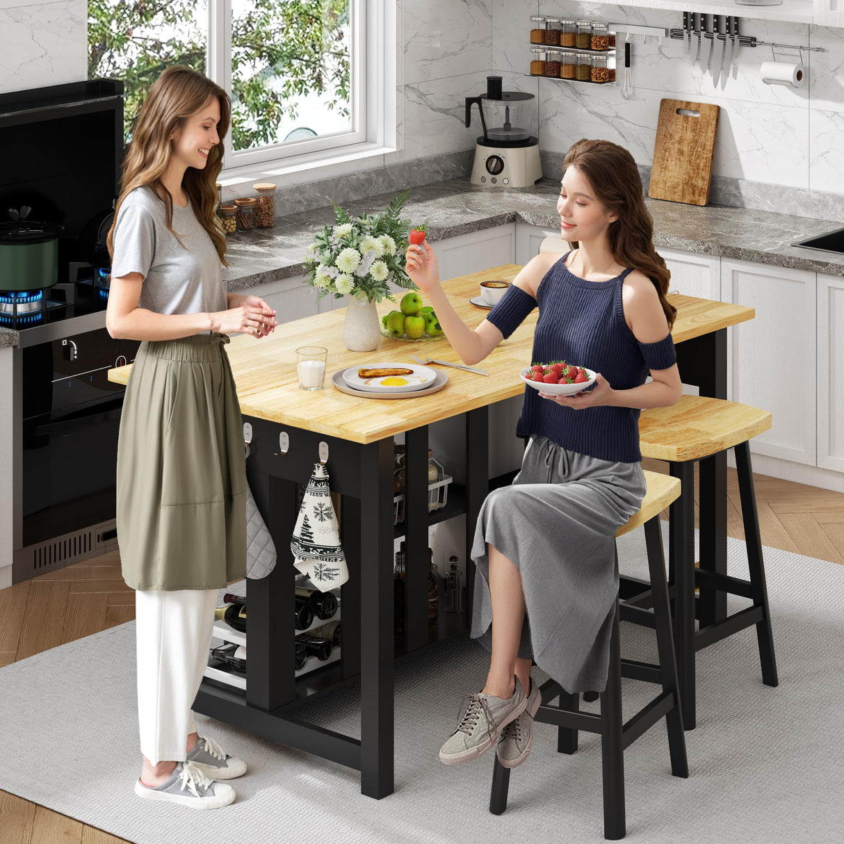 47.3" Solid Rubberwood Kitchen Island with Power Outlets - Extra Large Work Surface, 2 Drawers & Open Shelves Storage Cabinet for Kitchen Dining Room, Farmhouse Style (Black) DynJest