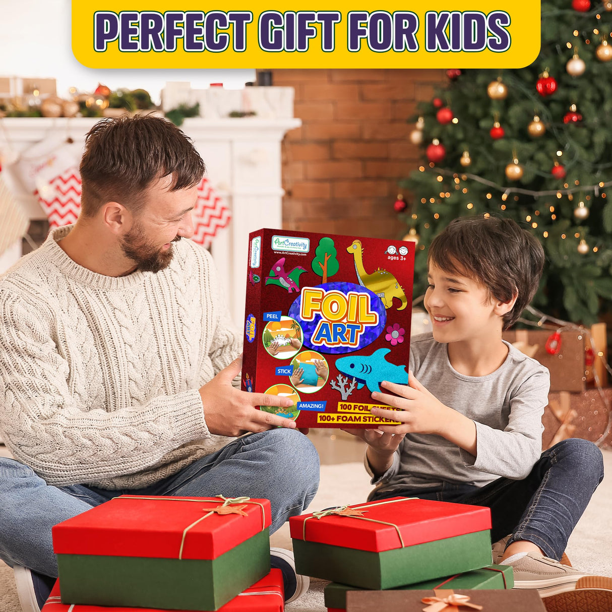 ArtCreativity Foil Art Kit for Kids - 220 Piece Crafts Set - 90 Foil Sheets, 10 Backgrounds, 100 Foam Stickers, 20 Googly Eyes - Mess-Free Foil Fun Art for Kids, Boys and Girls Ages 4, 6, 8, 10, 12 ArtCreativity