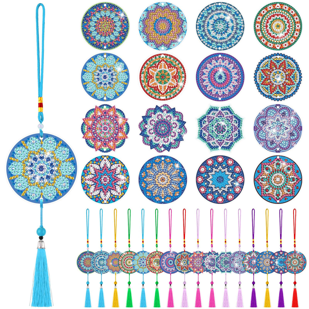 Saillong 16 Pcs Diamond Art Car Ornaments Mandala Diamond Painting Kit Ornament for Car Hanging Suncatchers Charm for Rear View Mirror Double Sided Painting Crystal Gem Garden Decoration Paint DIY Kit Saillong