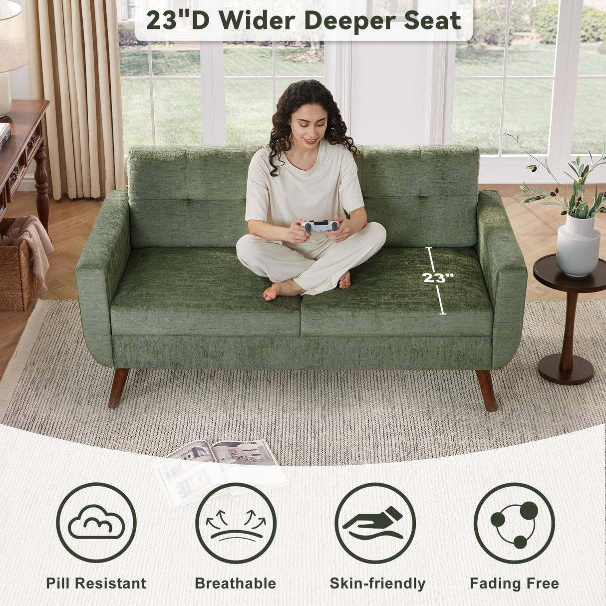 Tbfit 65" W Loveseat Sofa, Mid Century Modern Couches Love Seats for Living Room, Button Tufted Upholstered Small Couch for Bedroom, Solid and Easy to Install Love Seats Furniture, Green Tbfit