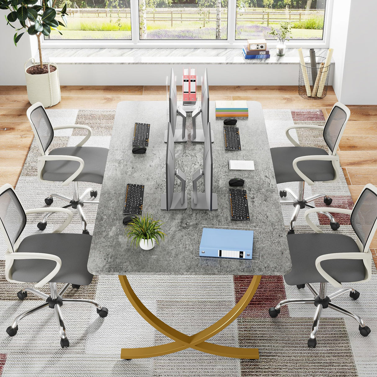 Tribesigns Executive Desk, 63” W x 31.5” D Large Office Desk, Modern Computer Desk Conference Table Meeting Room Table, Business Furniture for Home Office, Gray and Gold Tribesigns