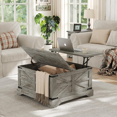furomate Farmhouse Lift Top Coffee Table, Square Wood Center Table with Large Hidden Storage Compartment for Living Room, Rustic Modern Table with Hinged Lift Top, Oak Grey