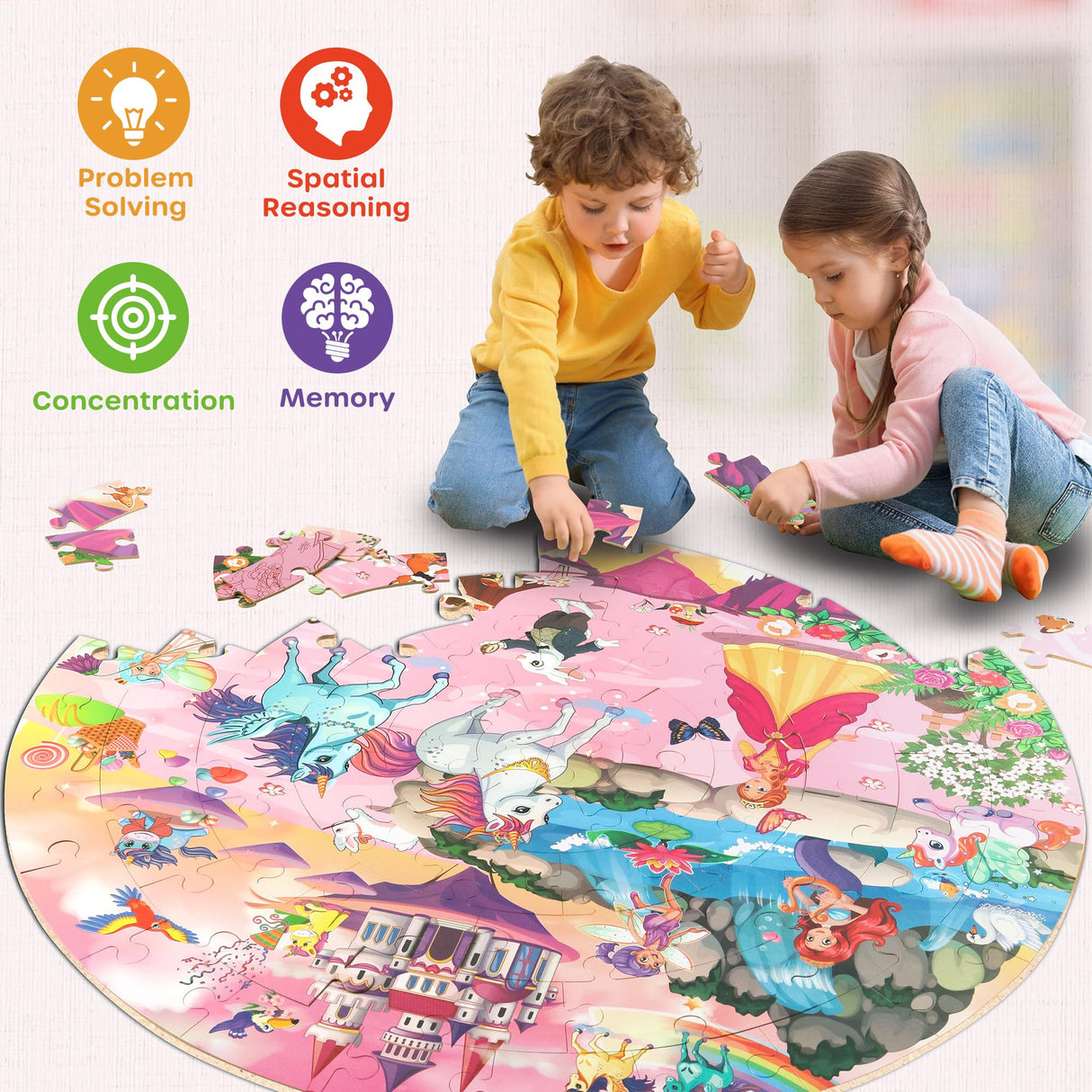SYNARRY Unicorn Princess Mermaid Fairy Floor Puzzle for Kids Ages 3-5, Large 70 Piece Wooden Puzzle for Kids Ages 4-6, Preschool Toys Gifts for 3 4 5 6 7 8 Years Old Boys Girls Children SYNARRY