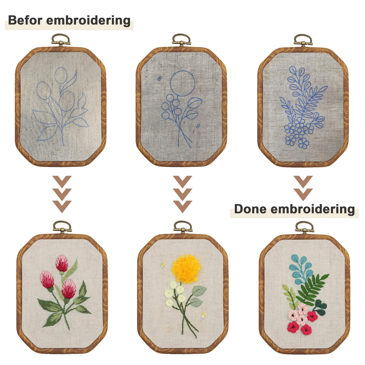 Maydear 3 Pack Embroidery Starter Kit with Pattern, Stamped Cross Stitch Kits for Beginners Adults with Embroidery Hoop and Instructions, Hand Embroidery Kit (B Set Embroidery Starter Kit) Maydear