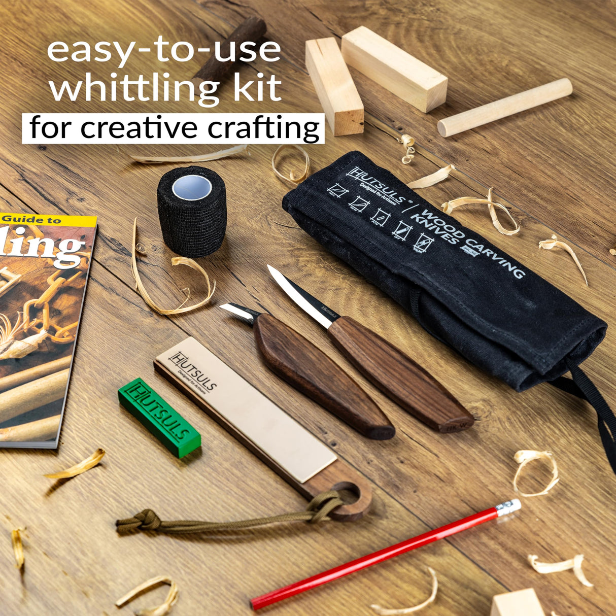 Hutsuls K.37 Wood Carving Kit for Beginners - Pre-Sized Basswood Carving Blocks & Sticks for 15 Projects, All-in-One Wood Whittling Kit for Beginners, Includes Wood Whittling Book for Beginners Kids Hutsuls