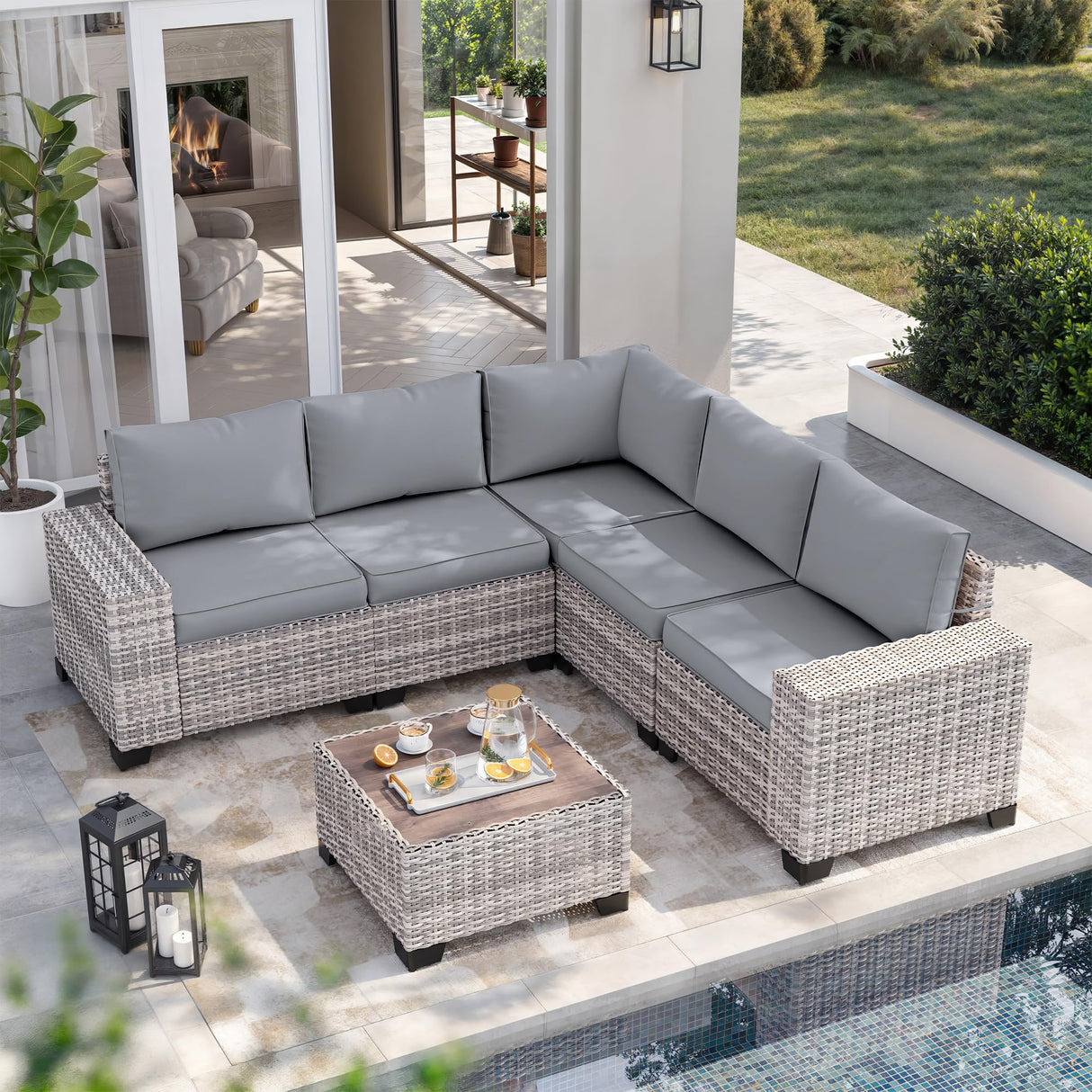 Muphyers 6-Piece Outdoor Patio Furniture Set Wicker Sectional Sofa Set, Patio Conversation Set with Thickened Cushions & Coffee Table for Garden, Backyard, Poolside, Grey Muphyers