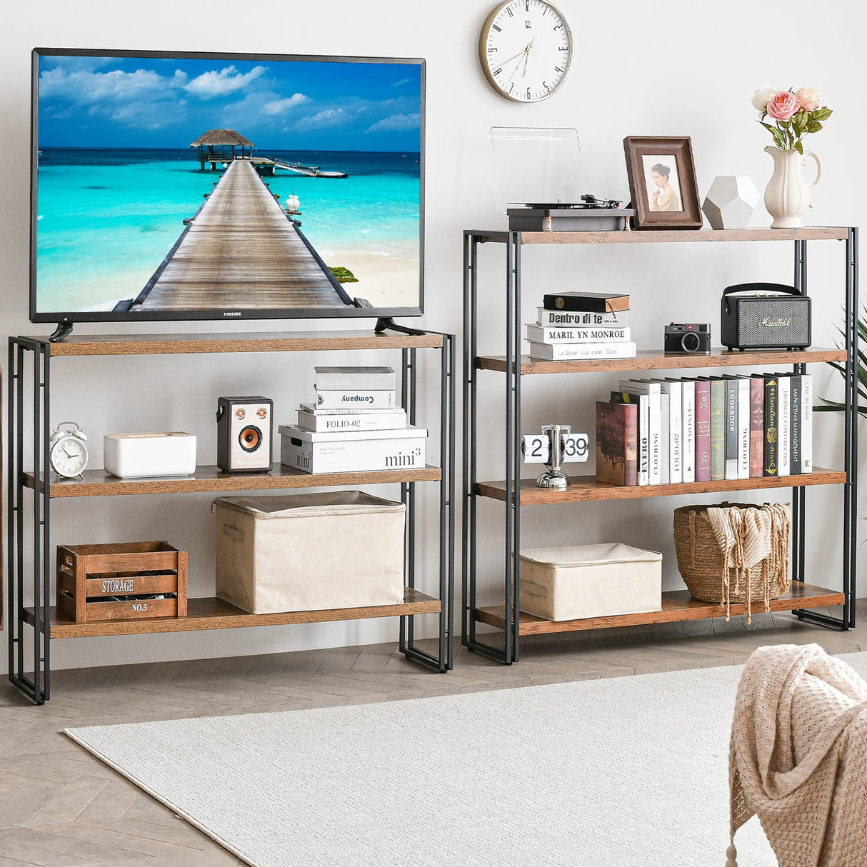 HCHQHS Bookshelf,4-Tier Industrial Bookcase,Rustic Wood and Metal Open Display Book Shelves Home Office,Bedroom Standing Shelf Unit,Horizontal Kitchen Shelf Organizer,Bathroom Storage Rack 47in