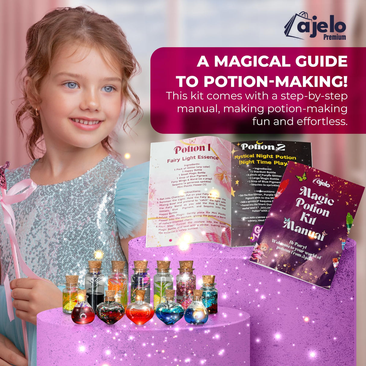 Ajelo Fairy Potions Kit for Kids Magic Set with Wings Wands, 15 Bottles, Halloween & Christmas Party DecorationsToys Girls & Boys Ages 4+ Years Ajelo