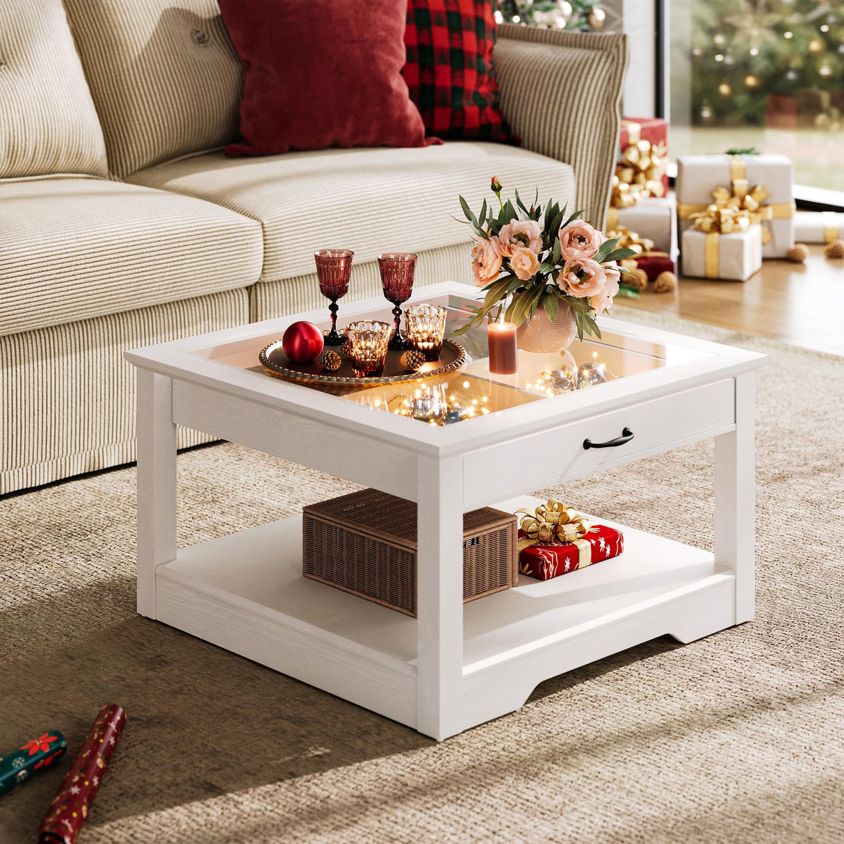 LINSY HOME Coffee Table, 31.5" Square Coffee Table with Glass Tabletop, Open Display Area and Storage Drawer, Modern Farmhouse Center Table for Living Room, White LINSY HOME