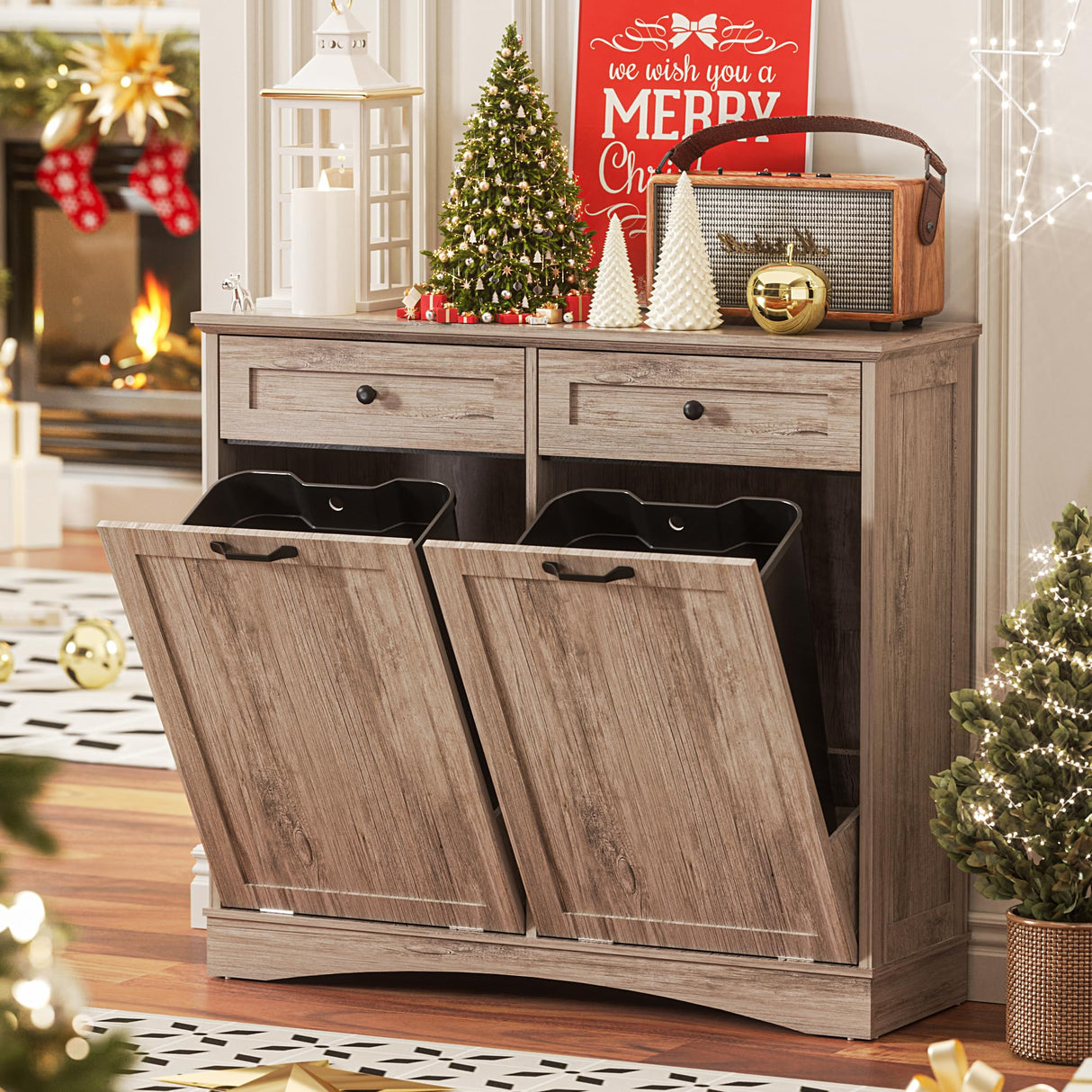 Spurgehom Double Tilt Out Trash Cabinet 13 Gallon Kitchen Waste Bins, Laundry Hamper Tilt Out Pet Proof Hidden Wooden Trash Bin for Kitchen, Grey Spurgehom