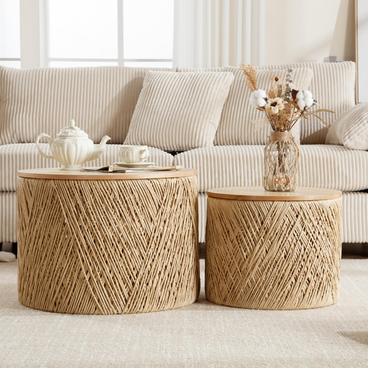 LZAREAL Farmhouse Round Coffee Table with Storage Boho Living Room Table with Lifting Top Hand-Woven Rattan Nesting Coffee Tables for Living Room, Natural LZAREAL