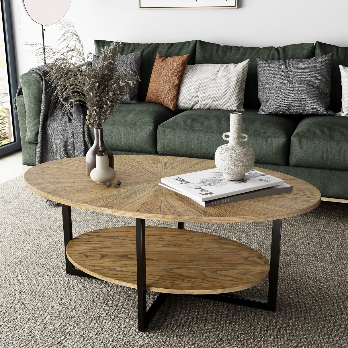 JESONVID Solid Wood Oval Coffee Table with Cross Metal Legs, 43.3in Modern Industrail Center Table with Open Shelf Cocktail Tea Table for Living Room Bedroom, Rustic Nature 1811 JESONVID