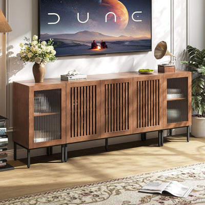 BVIUNTWO Farmhouse TV Stand for TVs up to 85 Inch, Entertainment Center TV Console with Storage Cabinets and Glass Doors,Media Console for Living Room, Brown