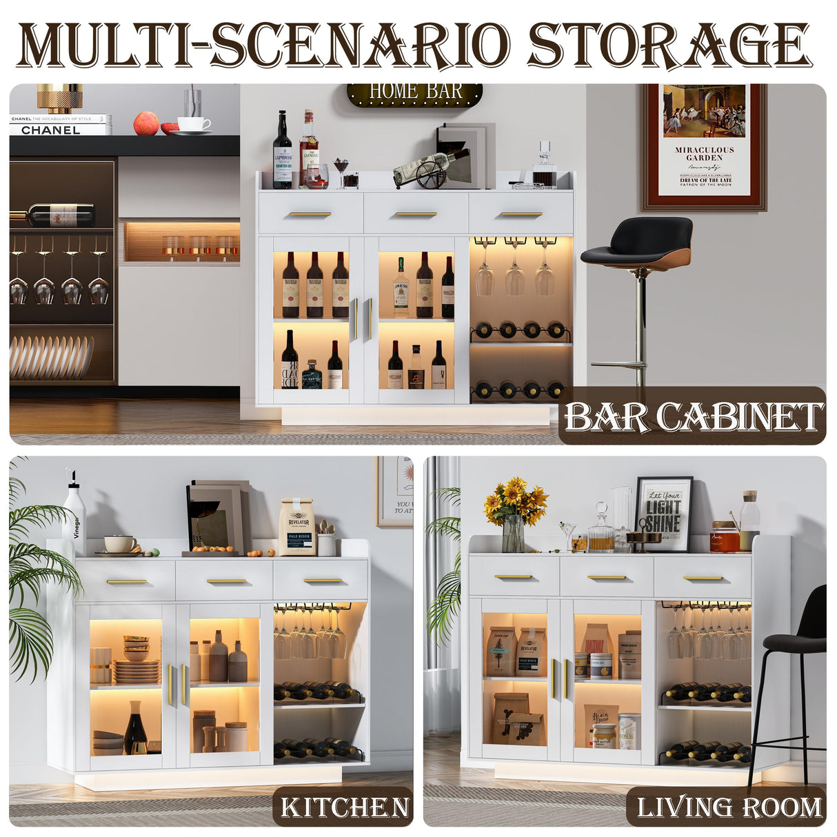 Wine Bar Cabinet with LED Strips, 47.1" Wine Cabinet with 3 Drawer and Power Outlet, Modern Liquor Cabinet with 2 Adjustable Shelves and 2 Glass Door for Living Room, Dining Room wanan