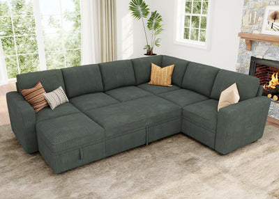 HONBAY Modular Sectional Sleeper Sofa with Pull Out Bed, Corduroy Couch with Storage Seats Ottoman, U Shaped Sectional Couches for Living Room, Green