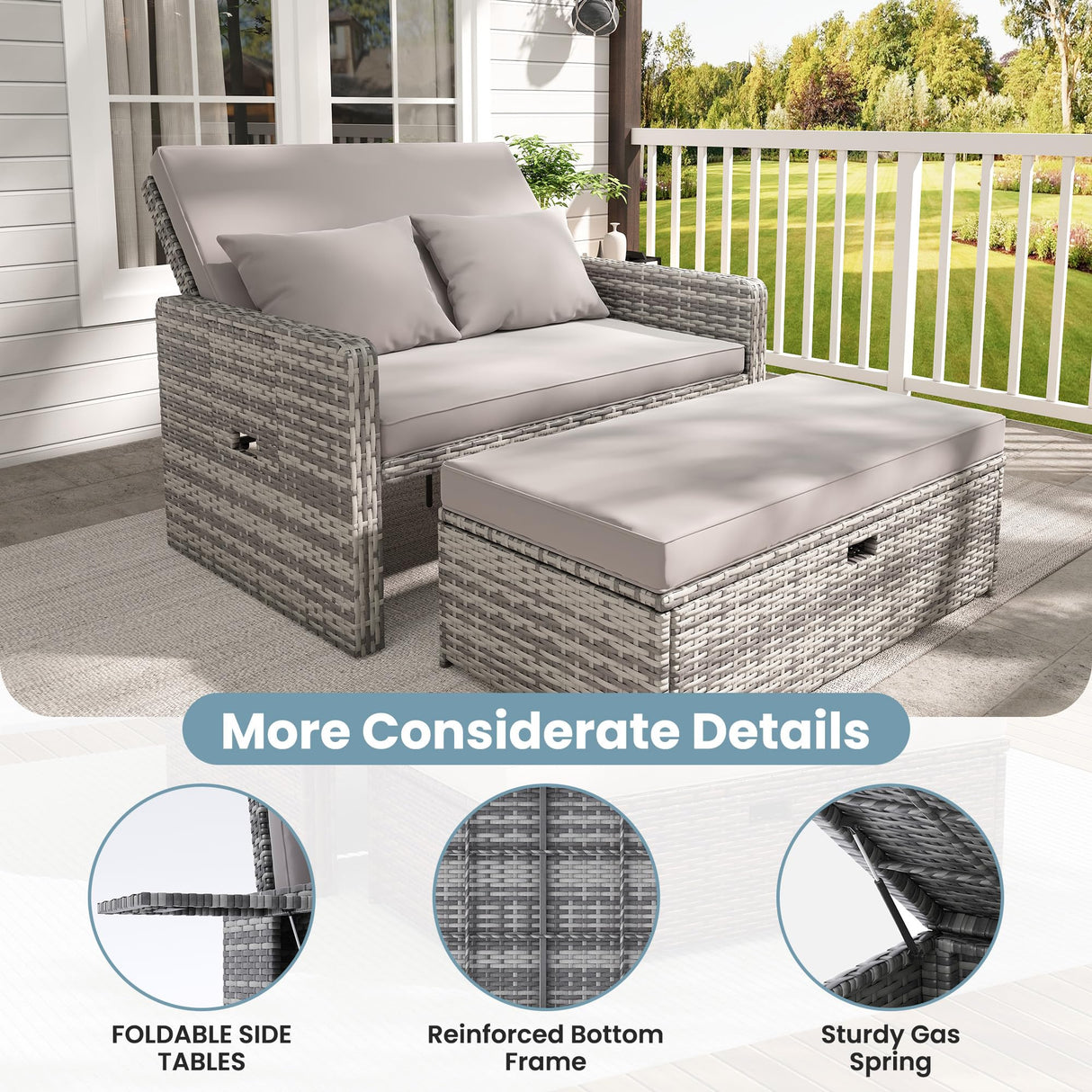 Amopatio Wicker Outdoor Daybed - Outdoor Loveseat with Storage Ottoman,4-Level Adjustable Backrest & Cushions, Patio Loveseat for Yard, Balcony, Porch, Garden, Poolside(Grey) Amopatio
