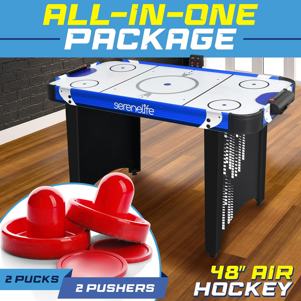 SereneLife 48" Air Hockey Game Table with 2X Stronger Motor, Digital LED Scoreboard, Puck Dispenser & Complete Accessories SereneLife