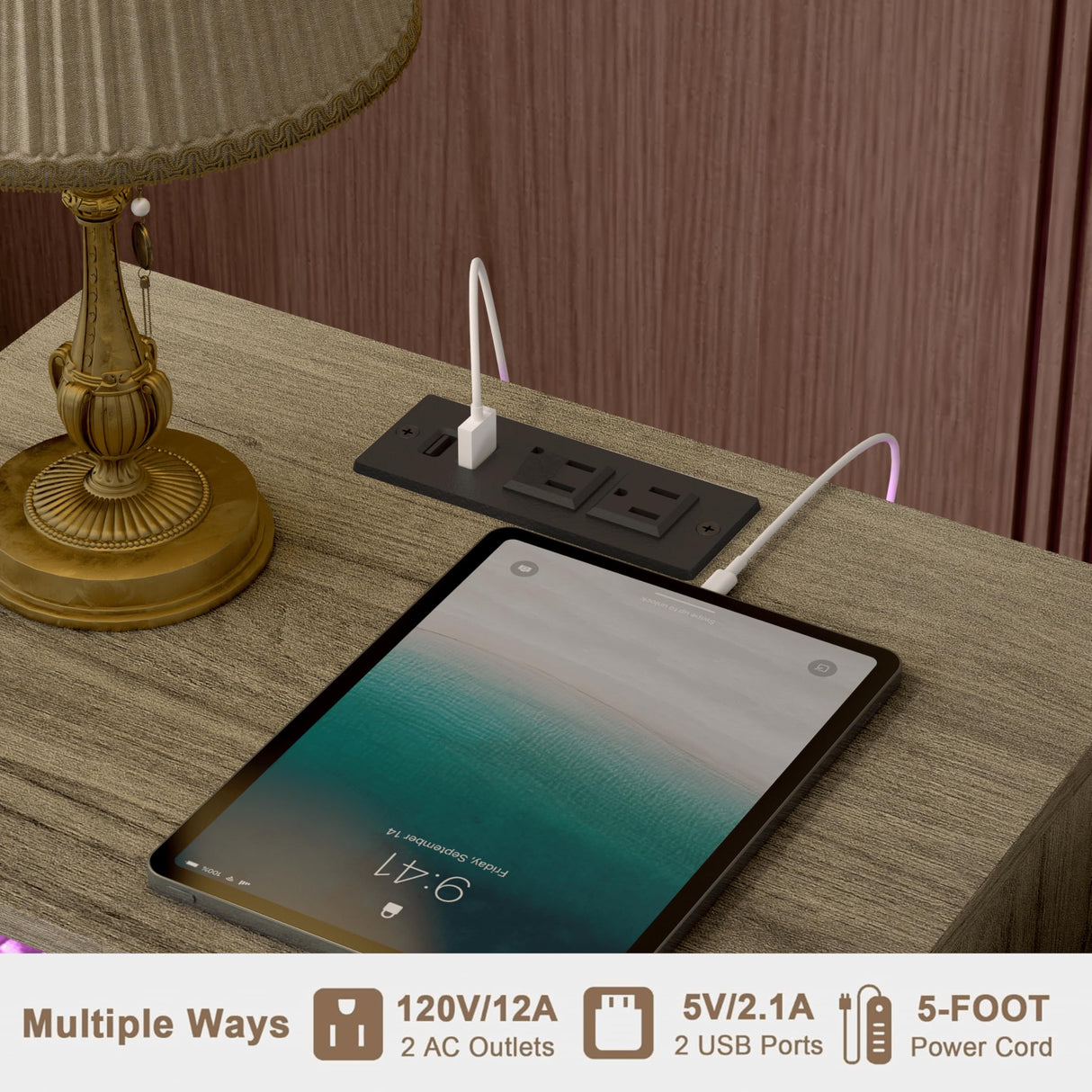 JOONEE Modern Nightstand with Charging Station and LED Lights, White Bedside Table with Drawer, Fluted Side Table for Living Room, Bedroom JOONEE