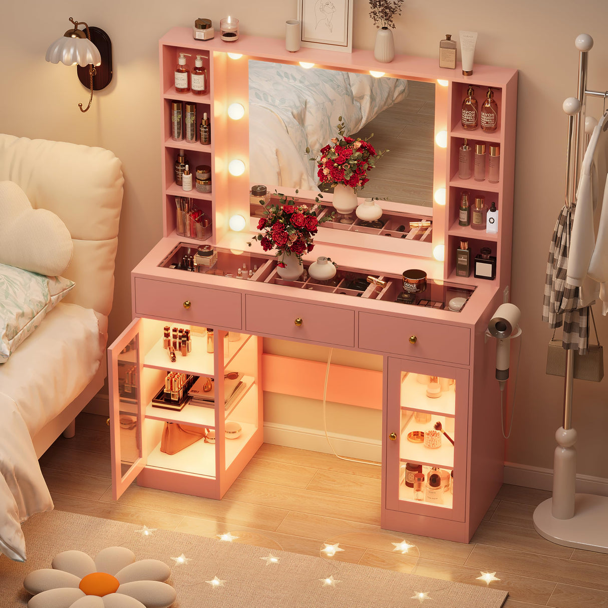 HUANLEGO Pink Vanity Desk with Mirror and Lights, Glass Top Vanity with Lighted Mirror & RGB Glass Cabinet and 3 Drawers, Makeup Vanity Desk with Lights Dressing Table for Bedroom, 3 Color Modes HUANLEGO