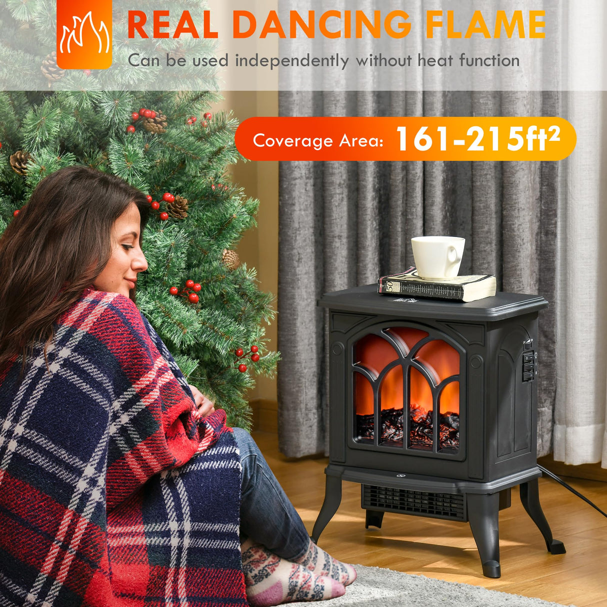 HOMCOM 17" Freestanding Electric Fireplace Stove, Fire Place Heater with Realistic Logs and Flame Effect and Overheat Protection, 750W/1500W, Black HOMCOM