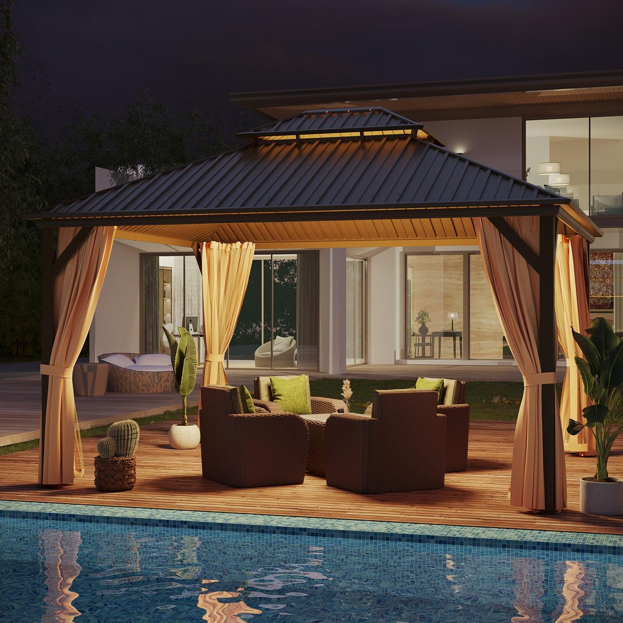 GAZEBEST 12x14 ft Hardtop Gazebo Outdoor Aluminum Patio Gazebo Double Roof Galvanized Steel Gazebo Canopy with Netting and Curtains,for Garden Patio,Patio Backyard,Deck and Lawns GAZEBEST