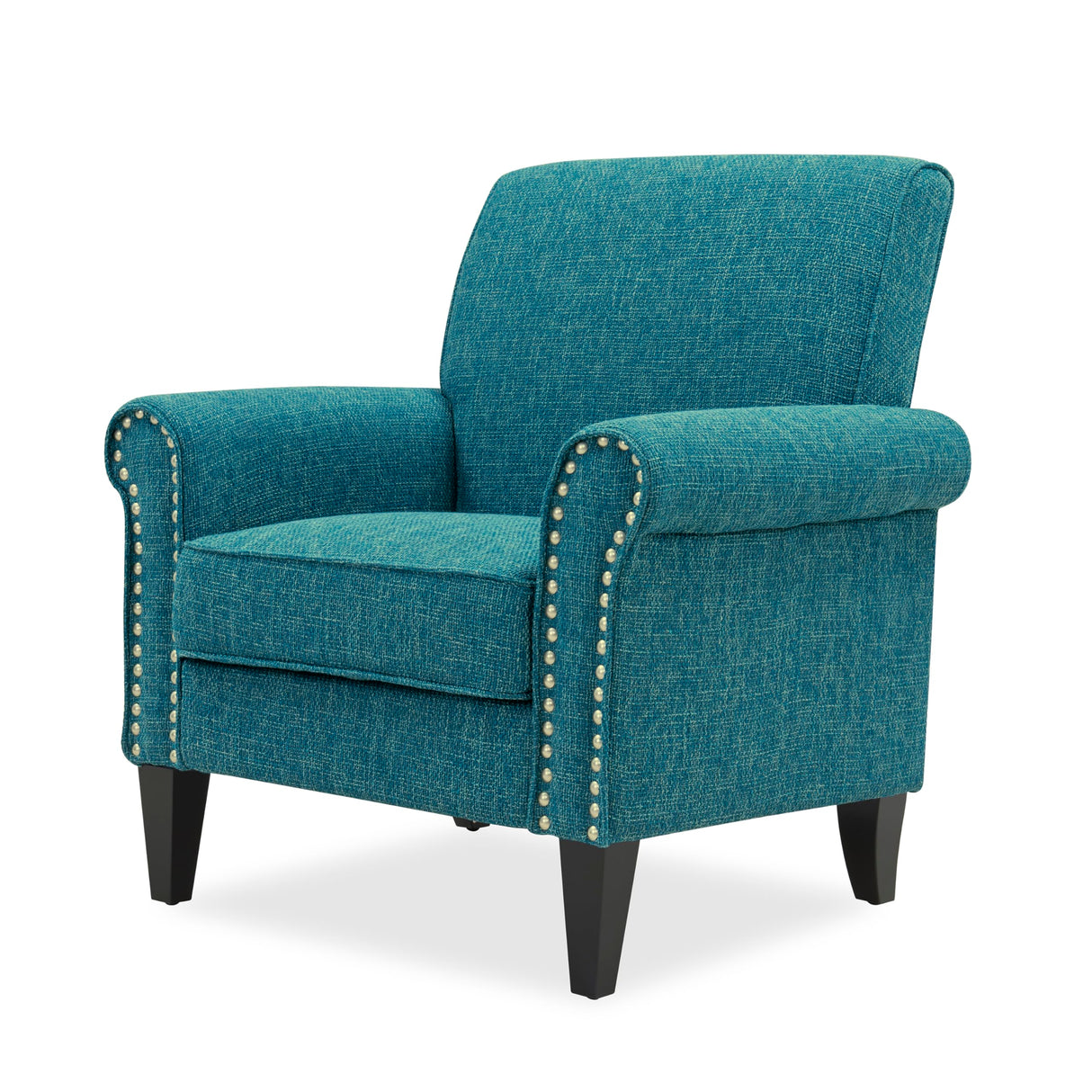 Domesis Kiara Traditional 34" Wide Upholstered Rolled Arm Living Room & Bedroom Accent Chair, Comfy Elegant Armchair with Pewter Nailheads, in Blue Tweed Domesis