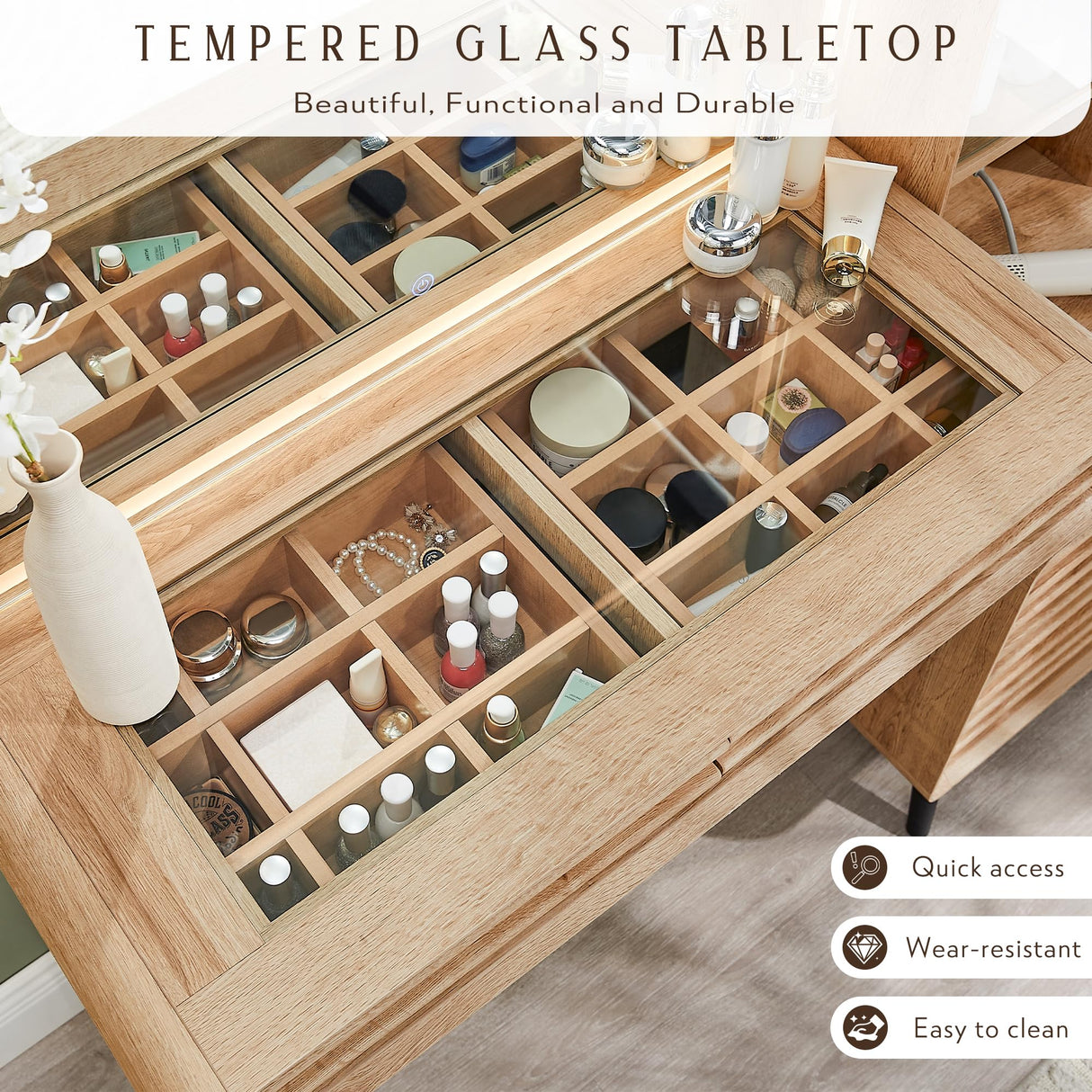 RedLemon 48" Vanity Desk with 36" HD Lighted Mirror and Lights, Mid-Century Modern Makeup Vanity with 5 Drawers & Glass Tabletop, Wood Dressing Table for Bedroom (Natural Oak) RedLemon