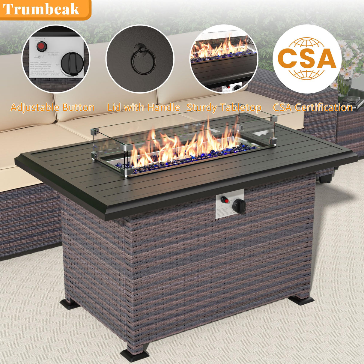 Trumbeak Patio Furniture Set with Fire Pit Table 8 Pieces Outdoor Sectional Sofa Set,PE Rattan Wicker Patio Conversation Set w/43in 55000 BTU Propane Fire Pit Table,Blue Trumbeak