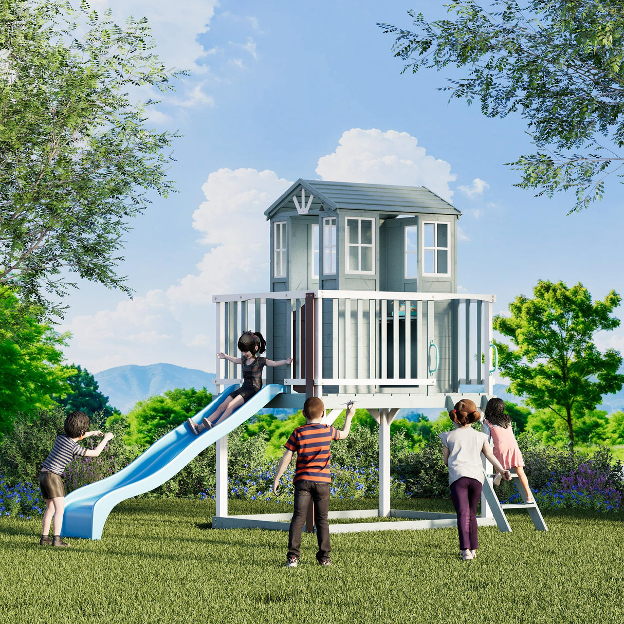 HOMMOW Kids Outdoor Playhouse, Cedar Wooden Outdoor Playhouse with Slide,Growth Chart,Interactive Play Kitchen,Installation Manual and Videos, Blue Grey HOMMOW