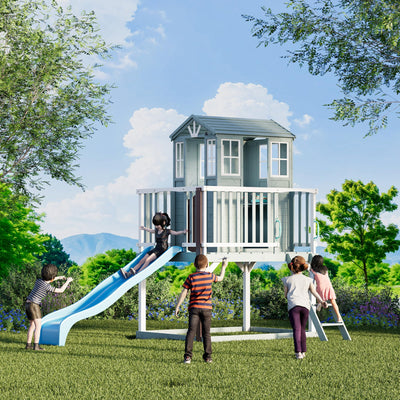 HOMMOW Kids Outdoor Playhouse, Cedar Wooden Outdoor Playhouse with Slide,Growth Chart,Interactive Play Kitchen,Installation Manual and Videos, Blue Grey