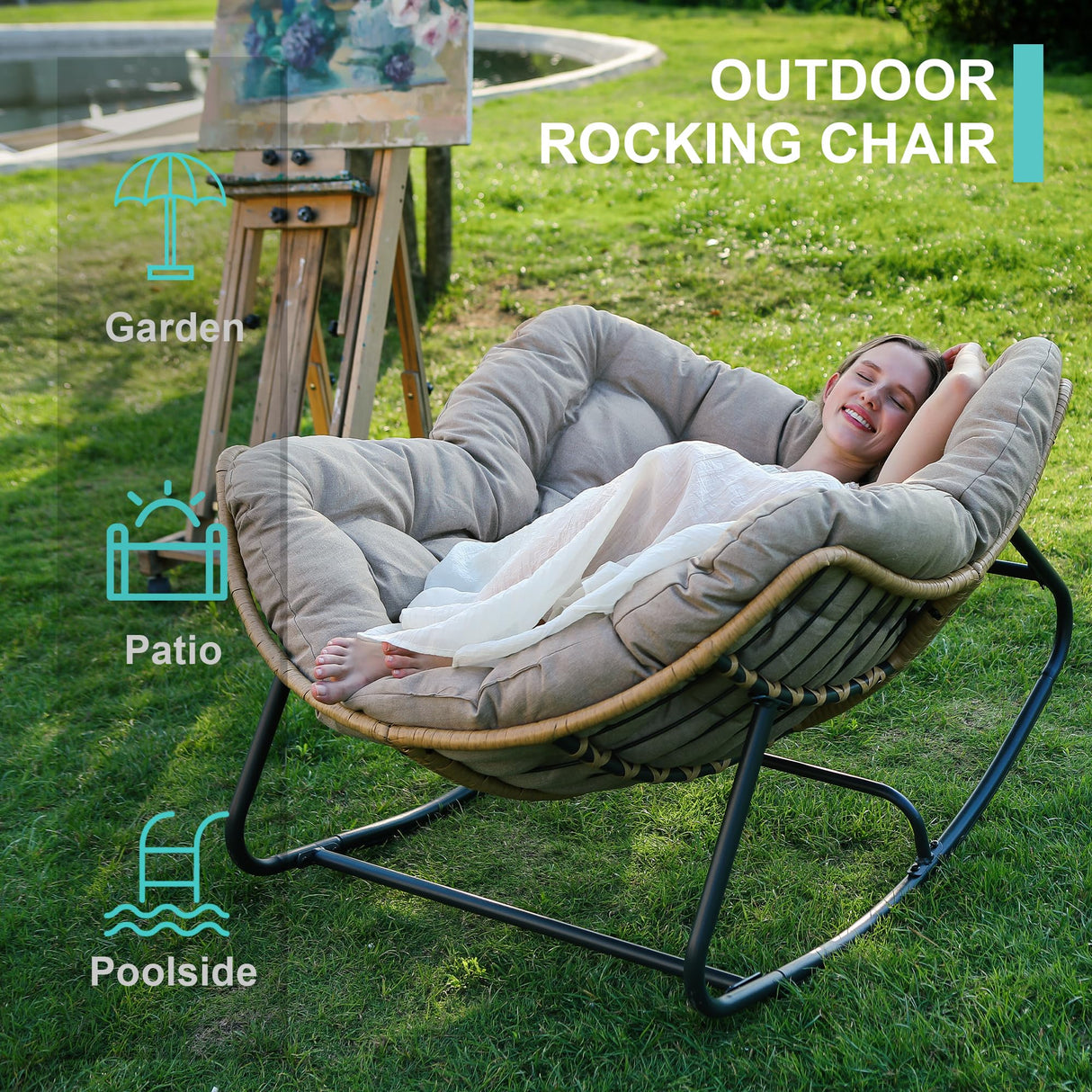 SWITTE Outdoor Rocking Chair, Patio Egg Rocking Chair, Indoor Papasan Chair, Rattan Wicker Lounge Chair, Modern Royal Chair for Bedroom, Living Room, Porch, Garden, Lawn-Beige SWITTE