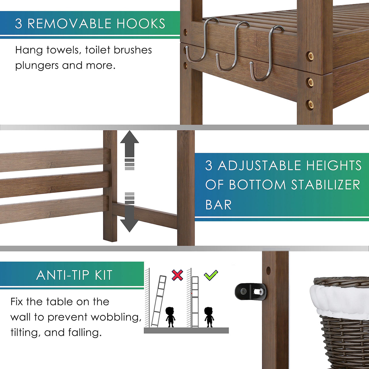 Bamboo Over-The-Toilet Organizer Rack with 3 Adjustable Shelves - SMIBUY Space Saver in Walnut SMIBUY