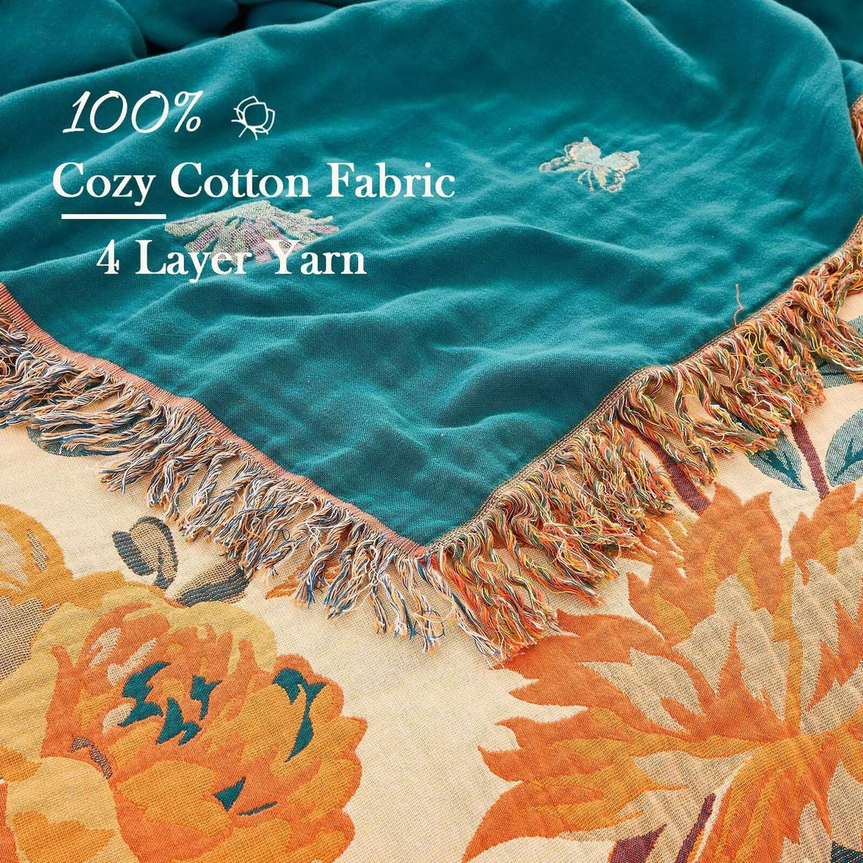 XIBLC Boho Throw Blanket for Bed, 100% Cotton Soft Rustic Quilt Fall Blanket, 60"x80" Floral Printed Farmhouse Decor Bed Blankets, All Season Rustic Reversible Bohemian Throw Quilt XIBLC