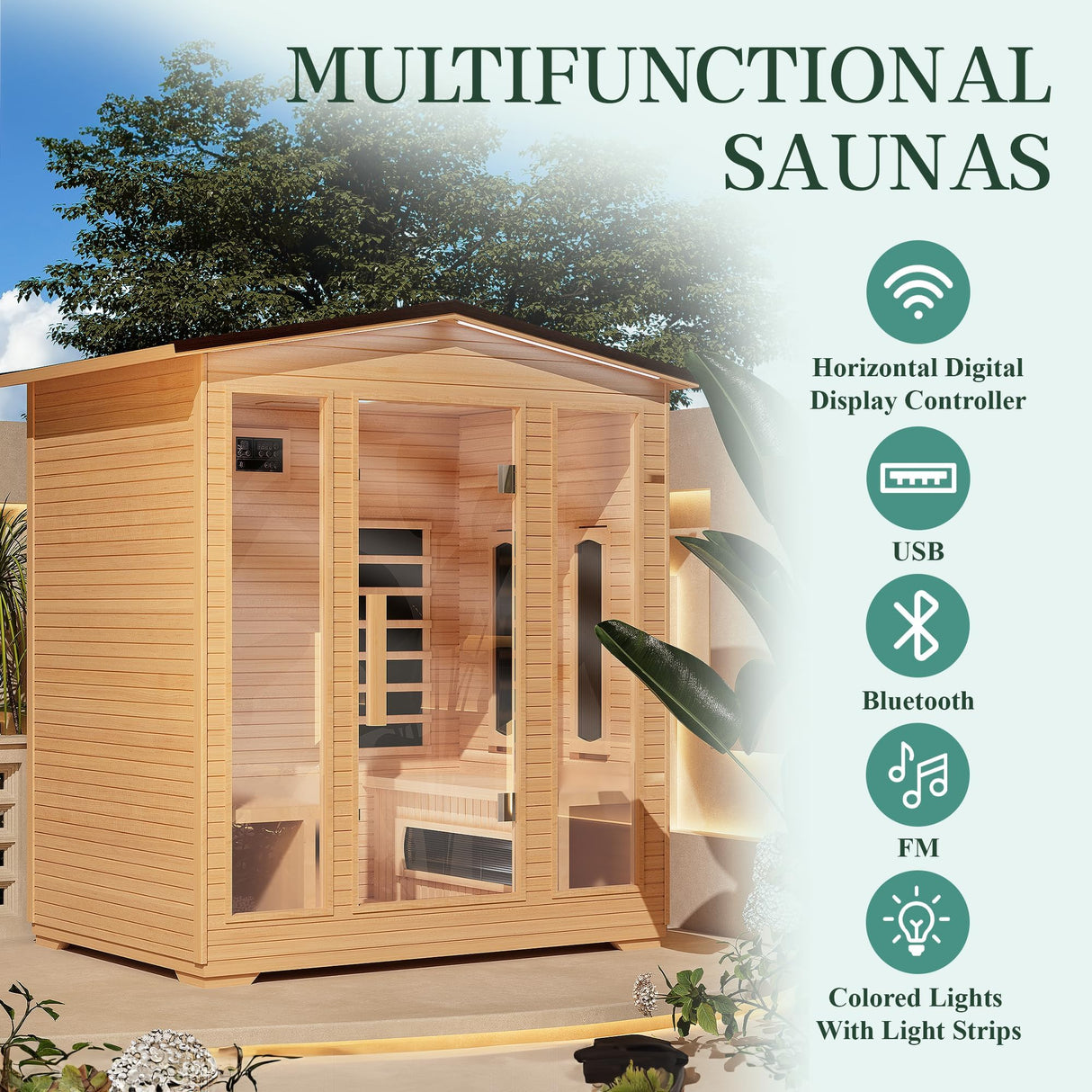 BNEHS 4 Person Outdoor Infrared Sauna - 3D Fast Heating Home Spa Sauna w/Chromotherapy Light, Wooden Sauna Room Kit w/Bluetooth Speaker (CE Certified,220V) BNEHS