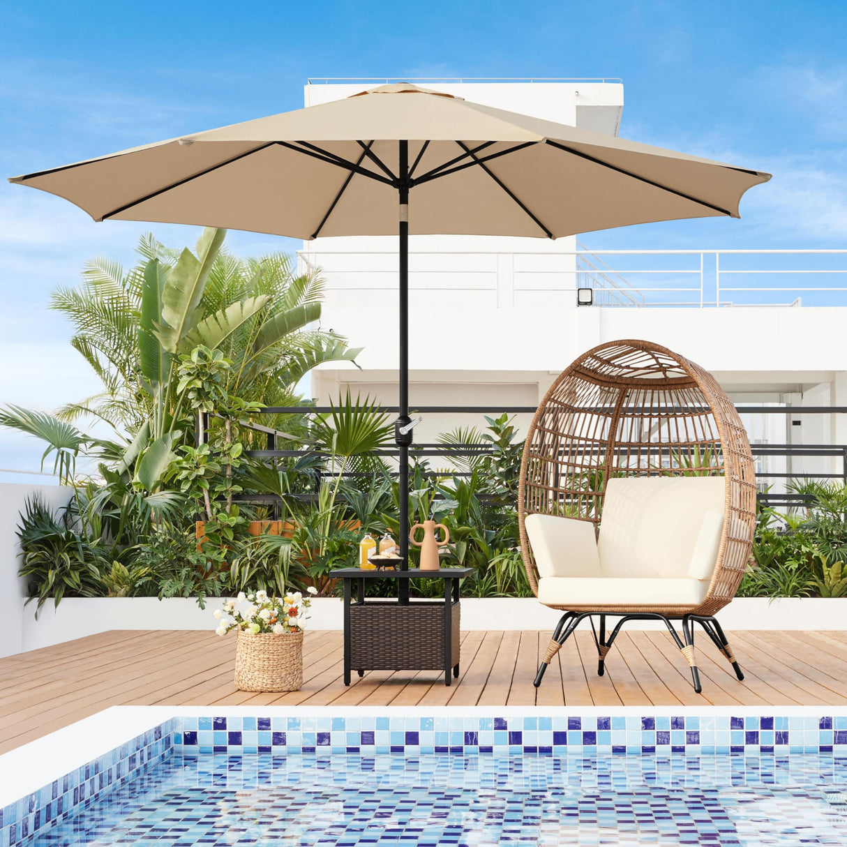 Yaheetech Egg Rattan Chair, Indoor/Outdoor PE Rattan Egg Basket Lounge Chair w/ 4 Cushions, Oversized Egg-Shaped Chair w/Metal Frame Stand for Patio, Backyard, Living Room - Light Brown/Ivory Yaheetech