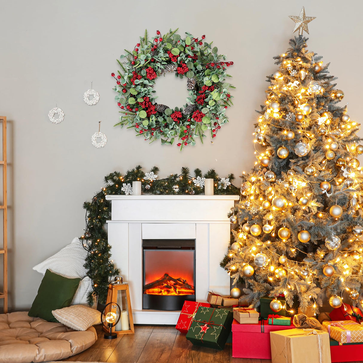 Sggvecsy 22 Inch Artificial Christmas Wreath for Front Door Xmas Red Berry Wreath with Pine Needles Pine Cones Eucalyptus Leaves Christmas Decorations for Winter Wall Outdoor Home Holiday Xmas Decor Sggvecsy