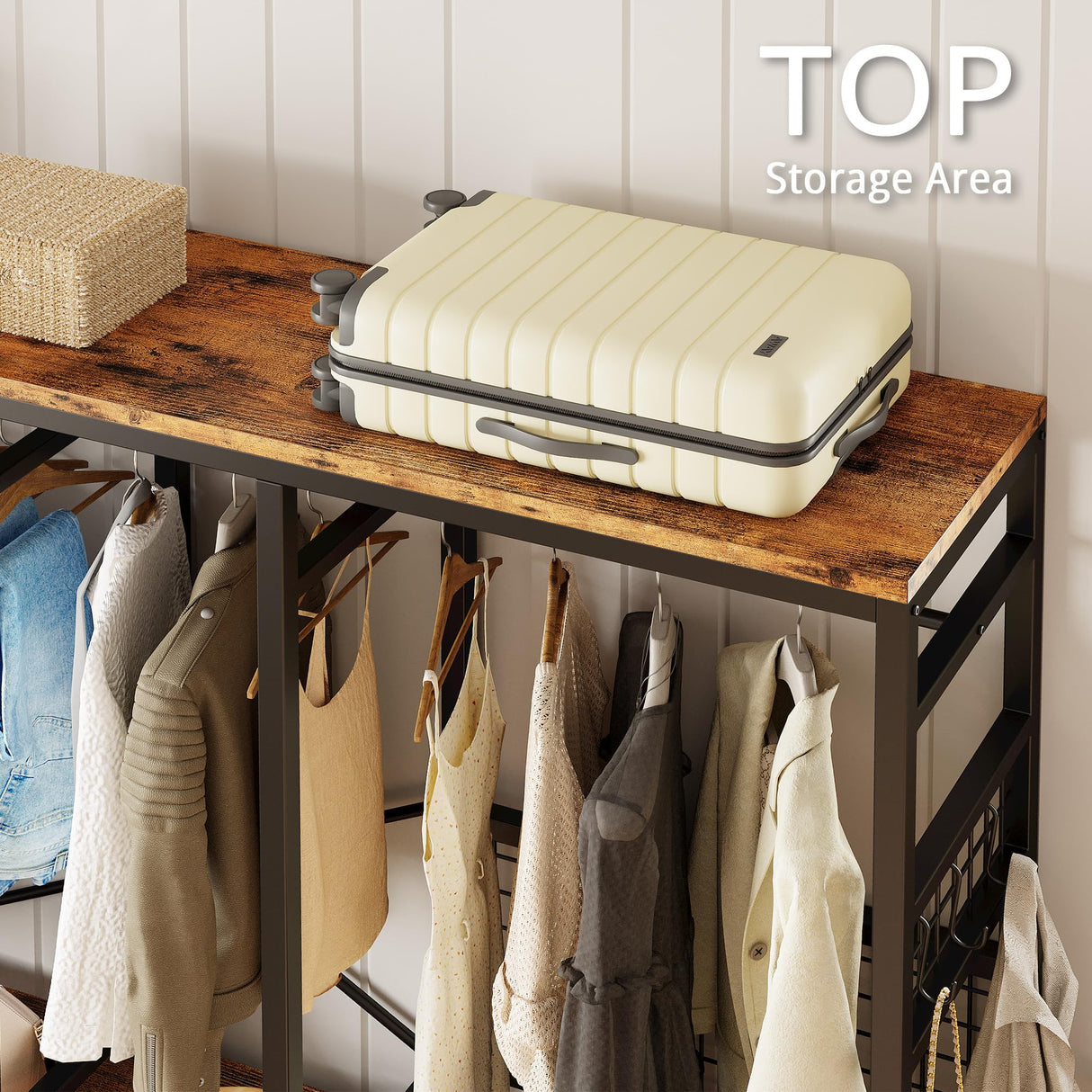 IRONCK Garment Racks with Shelves 4 Drawers and 8 Hooks Heavy Duty Closet Organizer for Hanging Clothes, Freestanding Closet Wardrobe Rack, Vintage Brown IRONCK