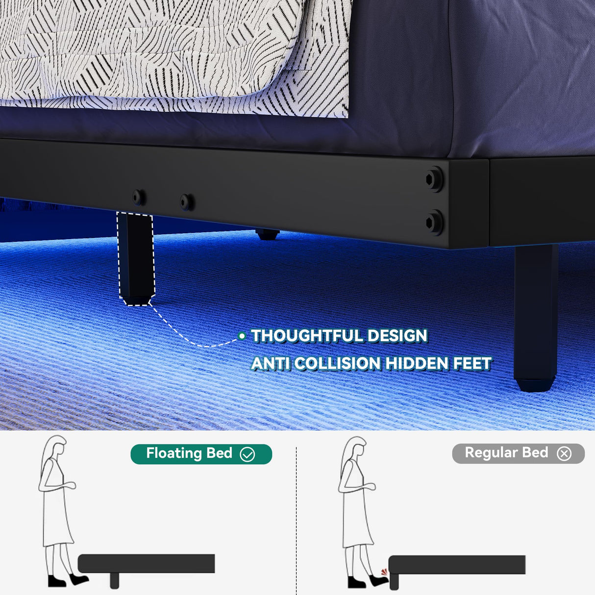DWVO King Size Floating Bed Frame with LED Lights and Charging Station – Sturdy Metal Platform Design, No Box Spring Needed DWVO