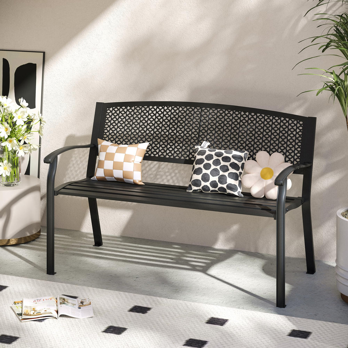 VICLLAX 50” Outdoor Garden Bench with Armrests and Backrest, Waterproof Patio Metal Bench for Park, Porch, Backyard, Round Pattern Back VICLLAX