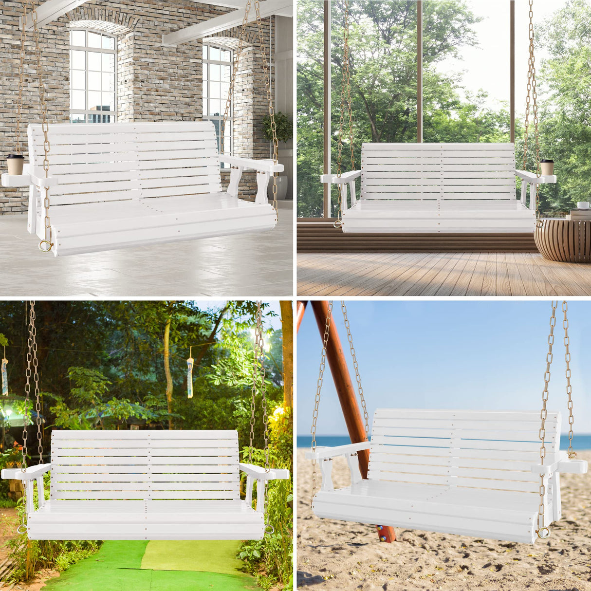 4FT Wooden Porch Swing w/Cupholders,Heavy Duty 800LBS Outdoor Swing Bench w/Chains,Patio Roll Back Swing Chair Bench,Front Porch 2-Person Hanging Bench,for Garden Courtyard Lawn & Balcony Backyard RELIANCER